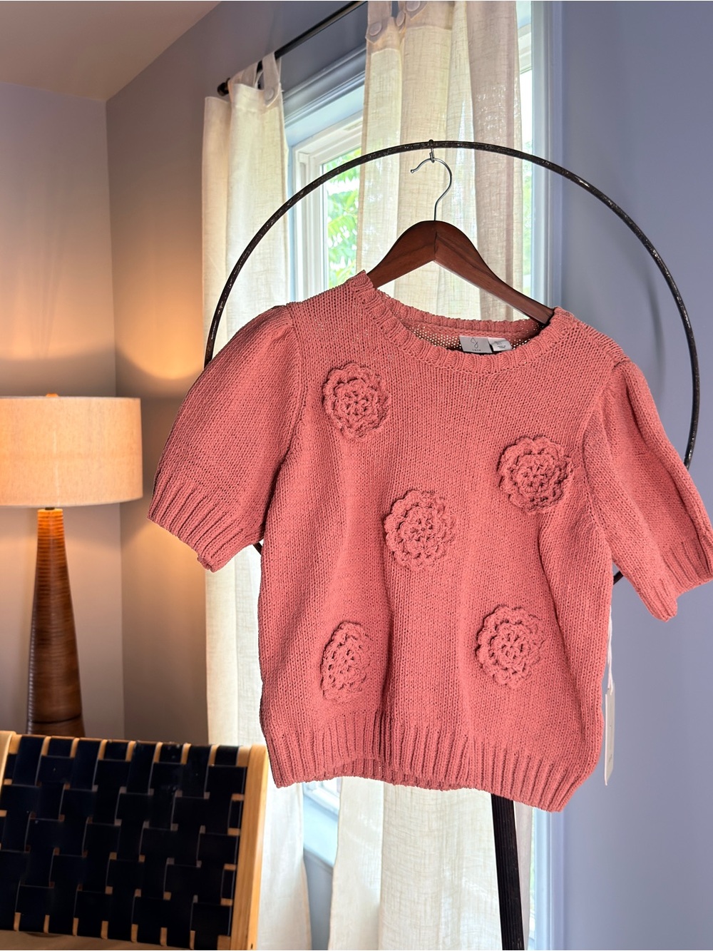 Joie Dusty Rose Crocheted Knit Short-Sleeve Top